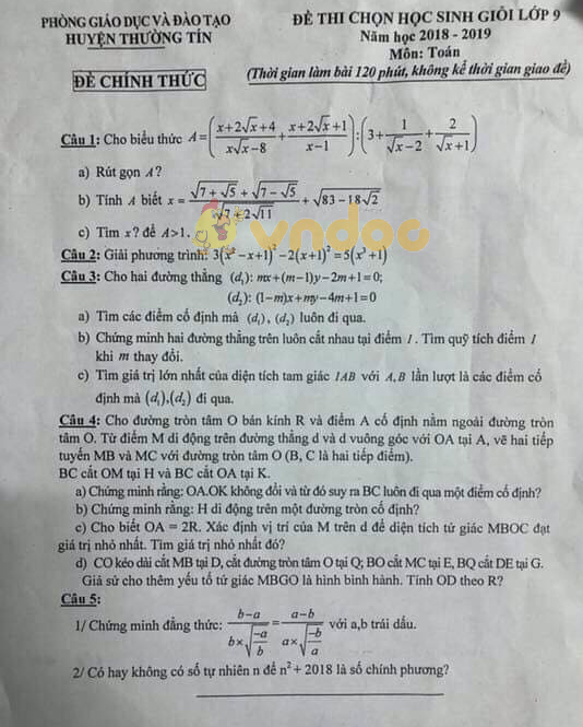 Đề thi chọn học sinh giỏi lớp 9 môn Toán Phòng GD&ĐT huyện Thường Tín năm học 2018 - 2019