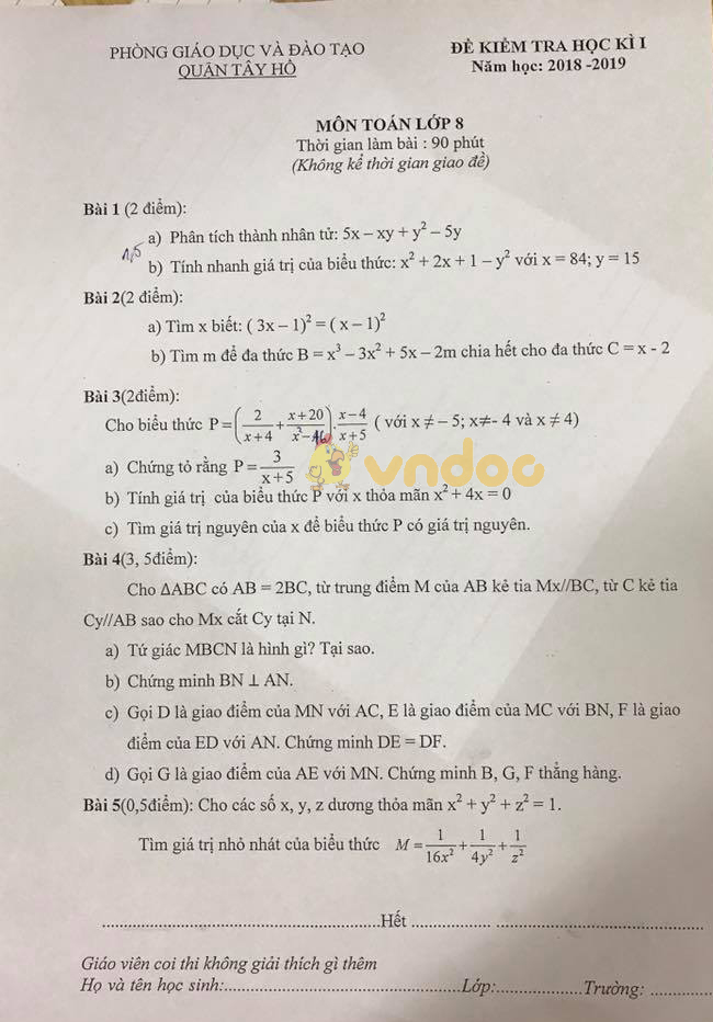 Đề thi học kì 1 lớp 8 môn Toán Phòng GD&ĐT Quận Tây Hồ năm học 2018 - 2019