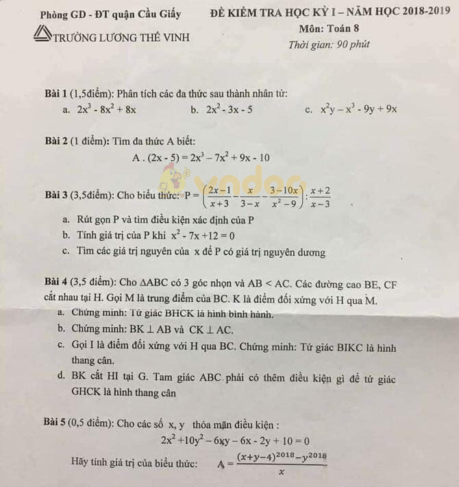 Đề thi học kì 1 lớp 8 môn Toán trường THCS & THPT Lương Thế Vinh, Cầu Giấy năm học 2018 - 2019