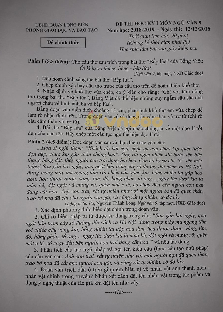Đề thi học kì 1 lớp 9 môn Ngữ văn Phòng GD&ĐT Quận Long Biên năm học 2018 - 2019