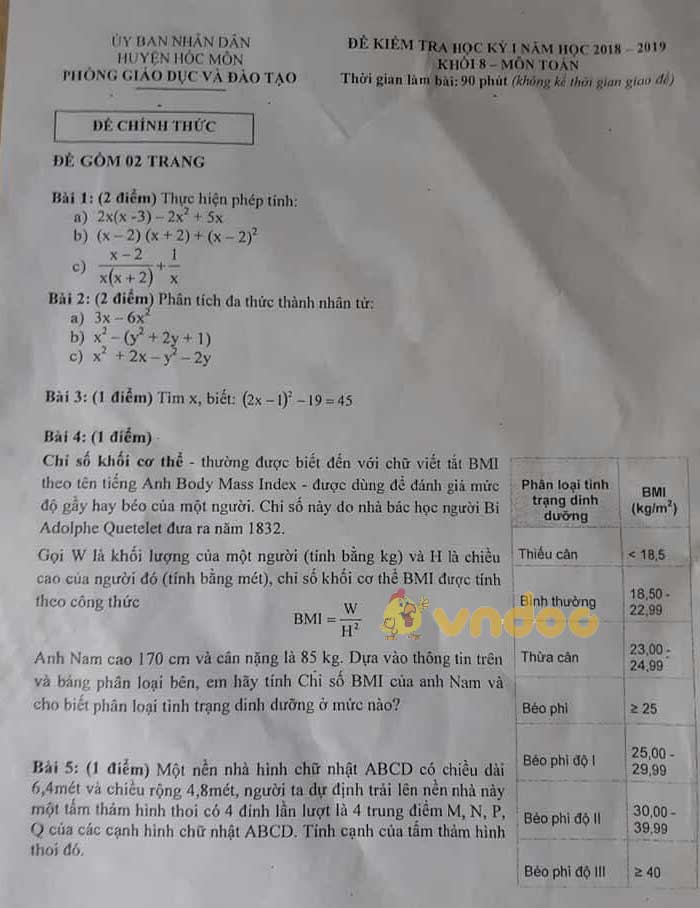 Đề thi học kì 1 lớp 8 môn Toán Phòng GD&ĐT huyện Hóc Môn năm học 2018 - 2019