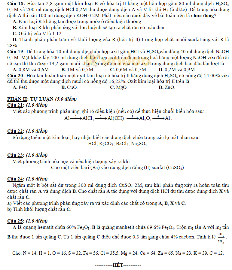 Đề thi học kì 1 lớp 9 môn Hóa học trường THCS Nguyễn Du năm học 2018 - 2019