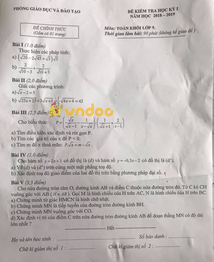 Đề thi học kì 1 lớp 9 môn Toán Phòng GD&ĐT huyện Động Anh năm học 2018 - 2019