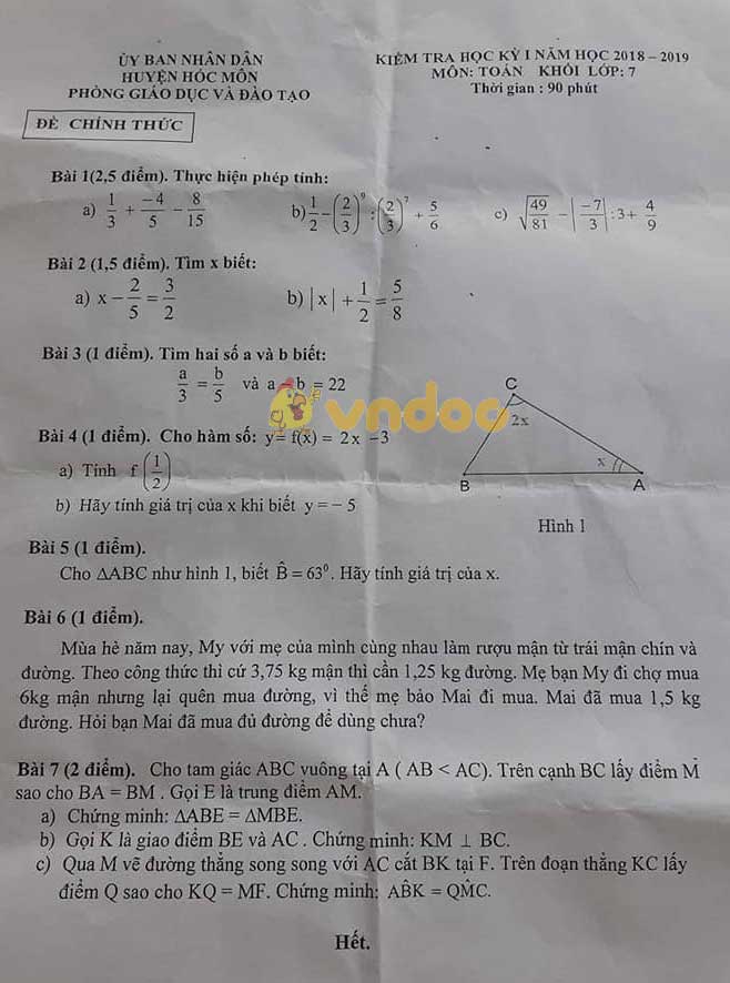 Đề thi học kì 1 lớp 7 môn Toán Phòng GD&ĐT huyện Hóc Môn năm học 2018 - 2019