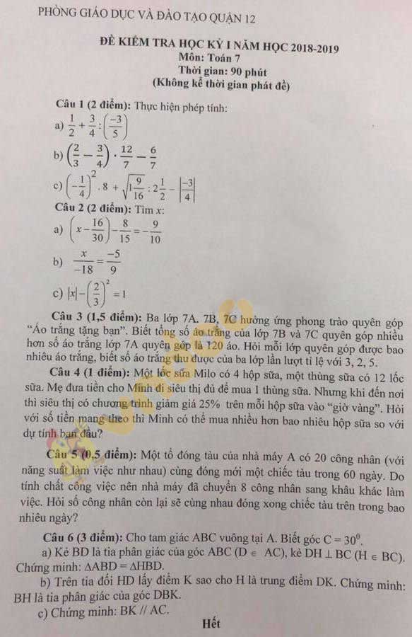 Đề thi học kì 1 lớp 7 môn Toán Phòng GD&ĐT quận 12 năm học 2018 - 2019