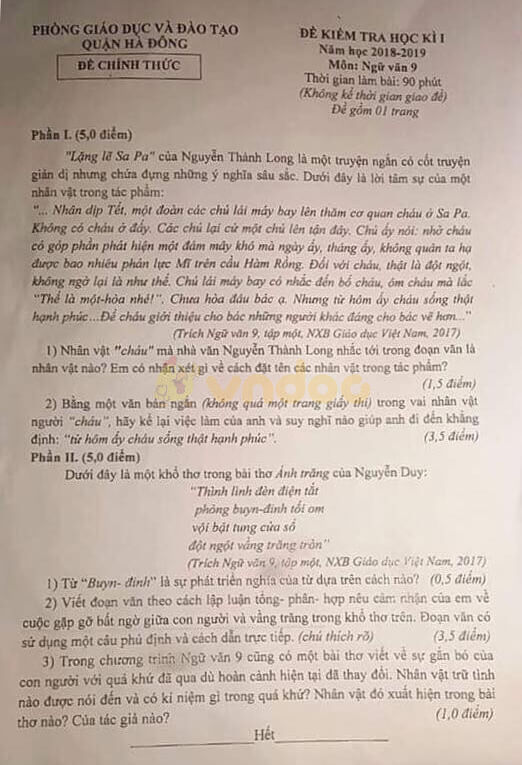 Đề thi học kì 1 lớp 9 môn Ngữ văn Phòng GD&ĐT Hà Đông năm học 2018 - 2019