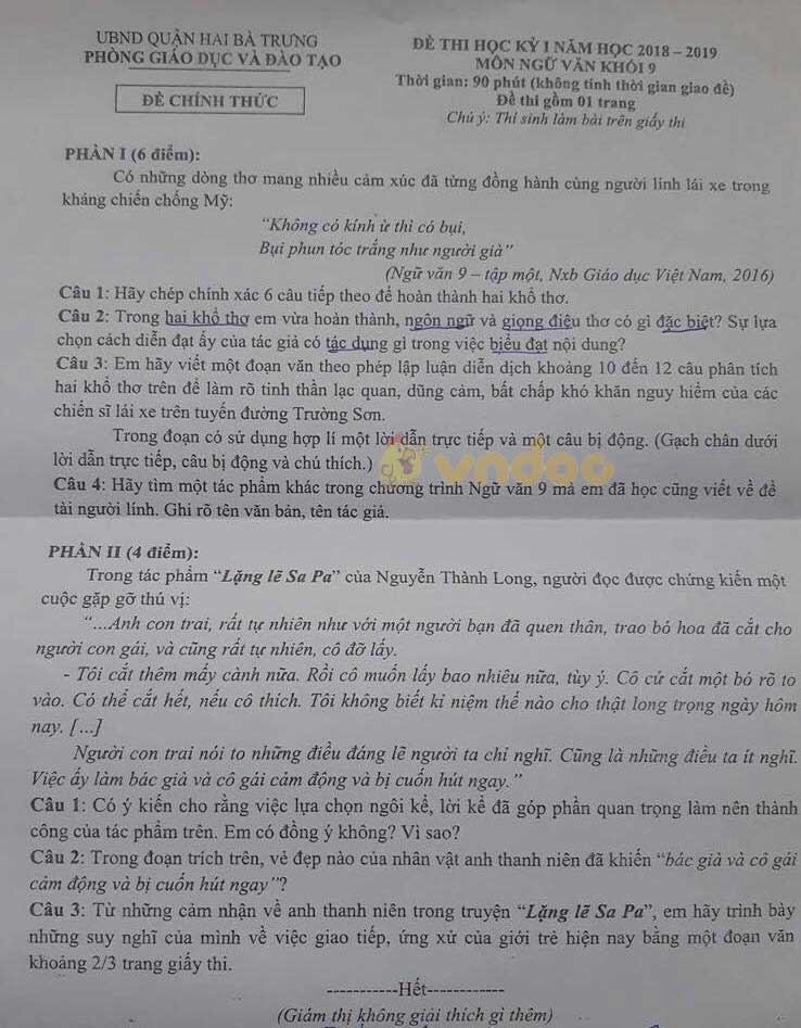 Đề thi học kì 1 lớp 9 môn Ngữ văn Phòng GD&ĐT Quận Hai Bà Trưng năm học 2018 - 2019