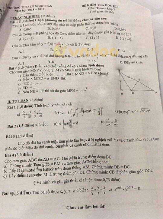 Đề thi học kì 1 lớp 7 môn Toán trường THCS Lê Ngọc Hân năm học 2018 - 2019