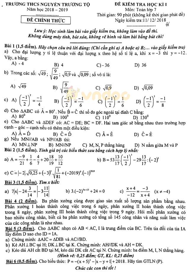 Đề thi học kì 1 lớp 7 môn Toán trường THCS Nguyễn Trường Tộ năm học 2018 - 2019