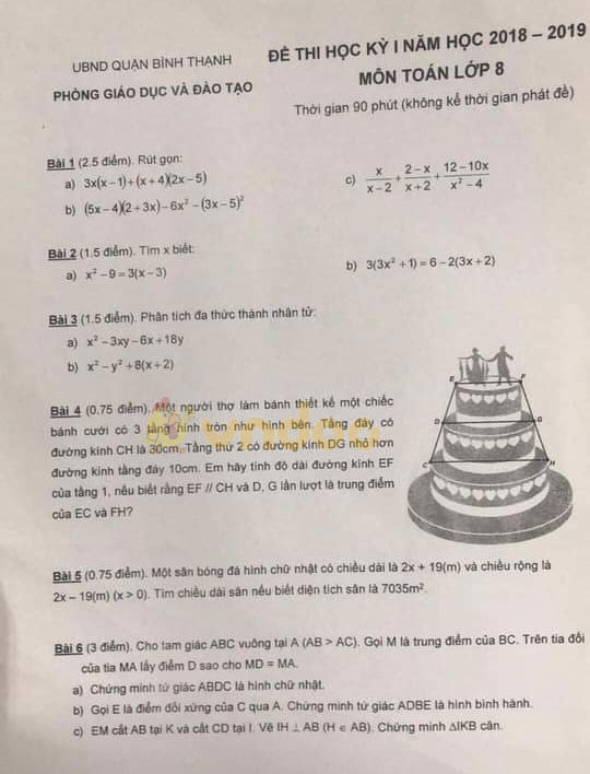 Đề thi học kì 1 lớp 8 môn Toán Phòng GD&ĐT quận Bình Thạnh năm học 2018 - 2019