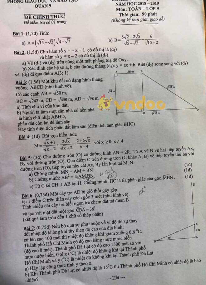 Đề thi học kì 1 lớp 9 môn Toán Phòng GD&ĐT quận 9 năm học 2018 - 2019