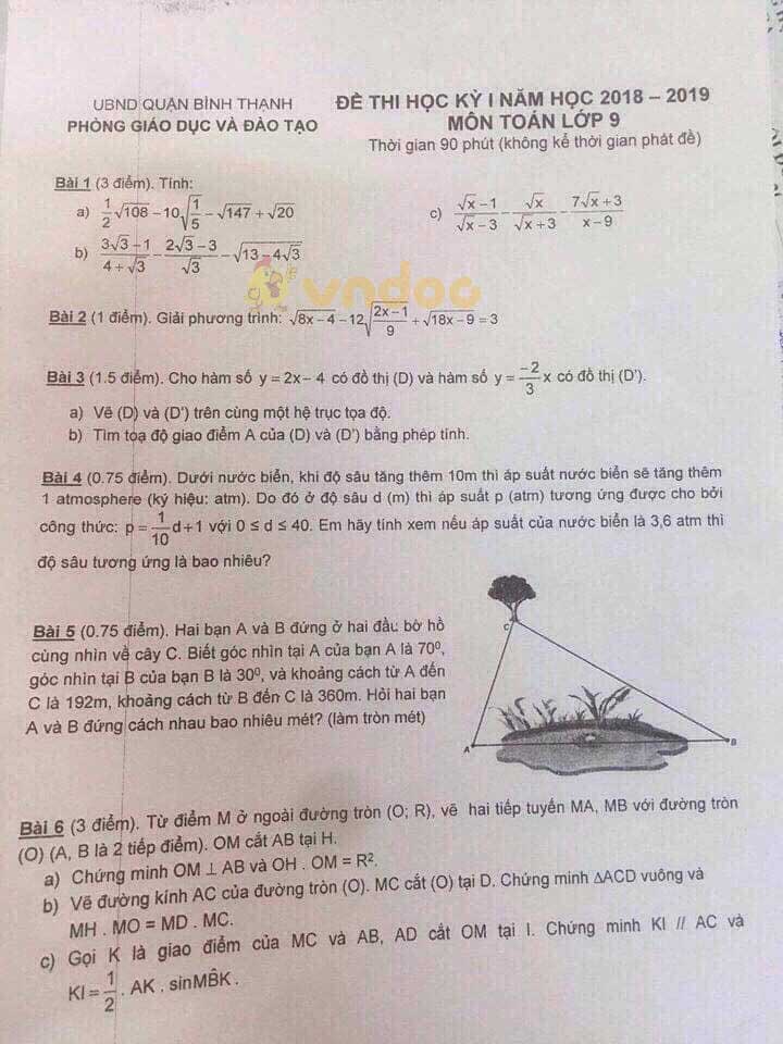 Đề thi học kì 1 lớp 9 môn Toán Phòng GD&ĐT quận Bình Thạnh năm học 2018 - 2019
