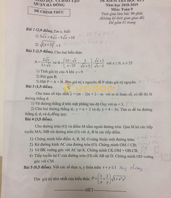 Đề thi học kì 1 lớp 9 môn Toán Phòng GD&ĐT quận Hà Đông năm học 2018 -