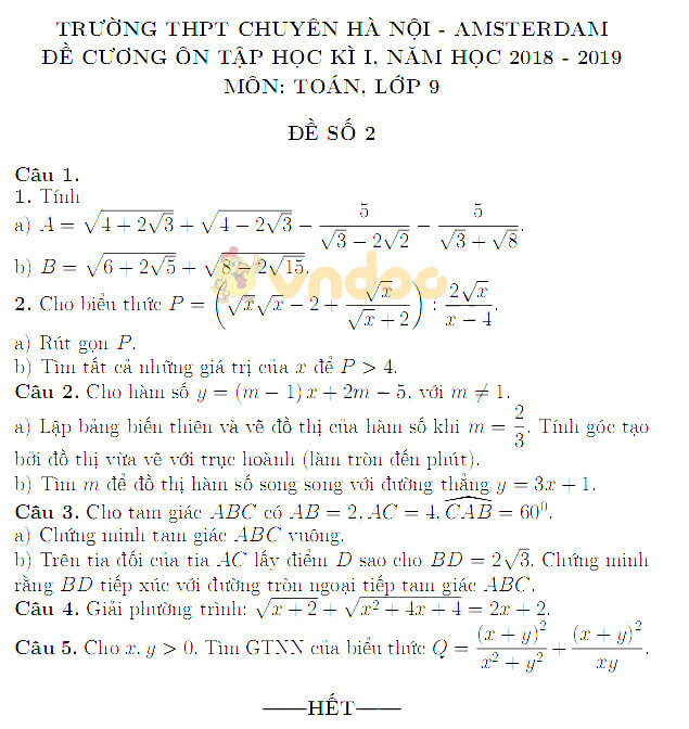 Đề cương ôn tập học kì 1 lớp 9 môn Toán trường THPT Chuyên Hà Nội - Amsterdam năm học 2018 - 2019