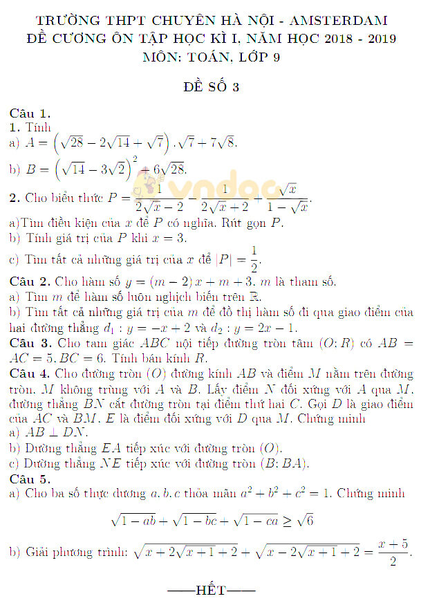 Đề cương ôn tập học kì 1 lớp 9 môn Toán trường THPT Chuyên Hà Nội - Amsterdam năm học 2018 - 2019