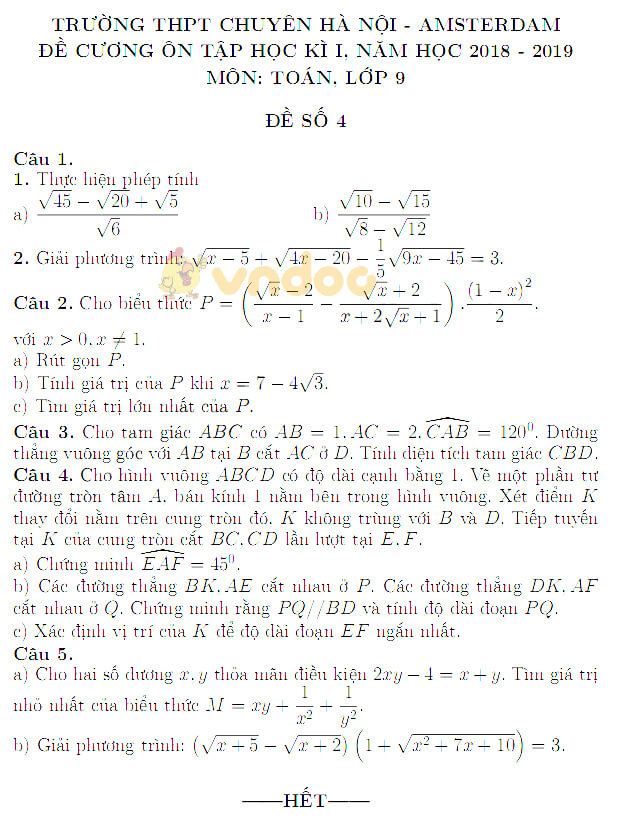 Đề cương ôn tập học kì 1 lớp 9 môn Toán trường THPT Chuyên Hà Nội - Amsterdam năm học 2018 - 2019