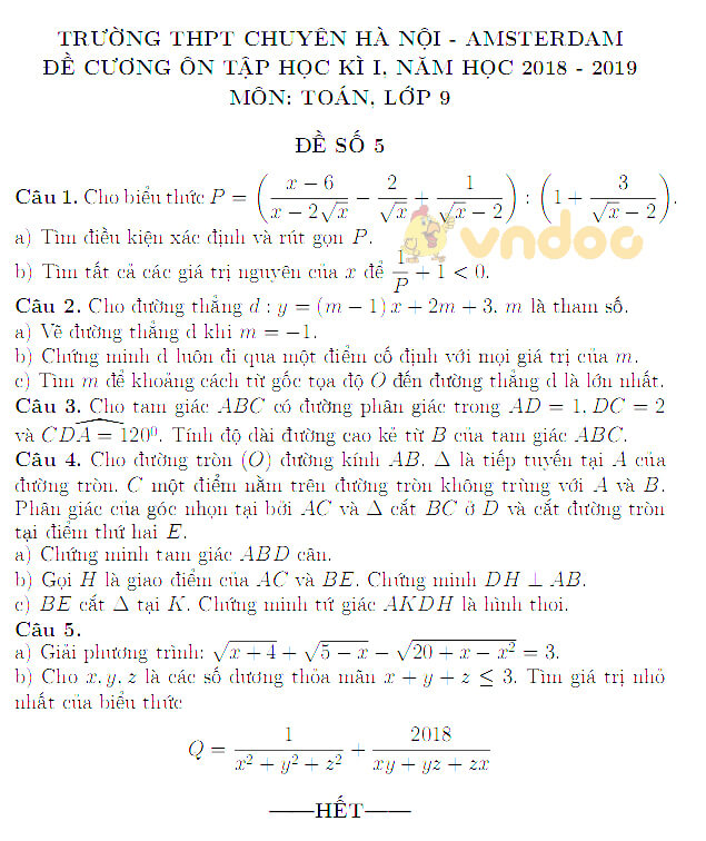 Đề cương ôn tập học kì 1 lớp 9 môn Toán trường THPT Chuyên Hà Nội - Amsterdam năm học 2018 - 2019