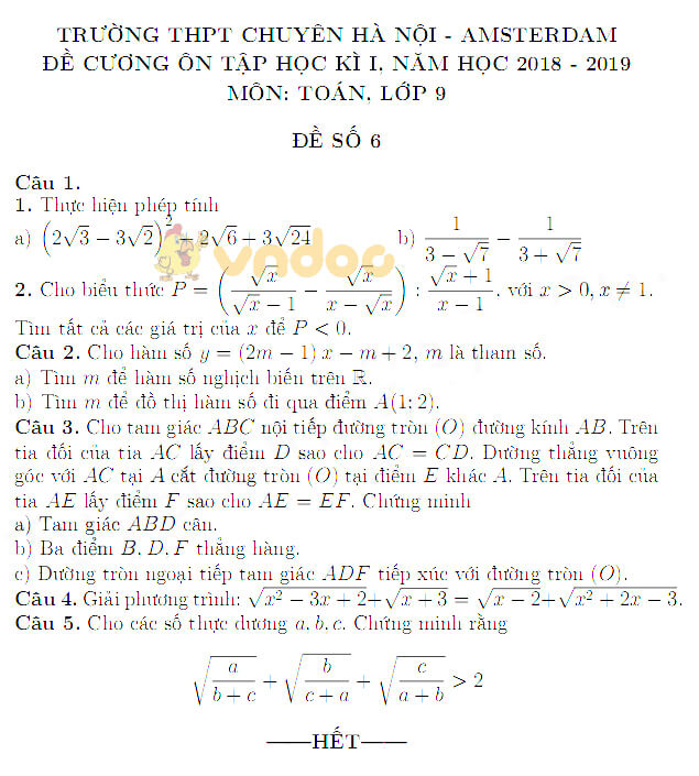 Đề cương ôn tập học kì 1 lớp 9 môn Toán trường THPT Chuyên Hà Nội - Amsterdam năm học 2018 - 2019