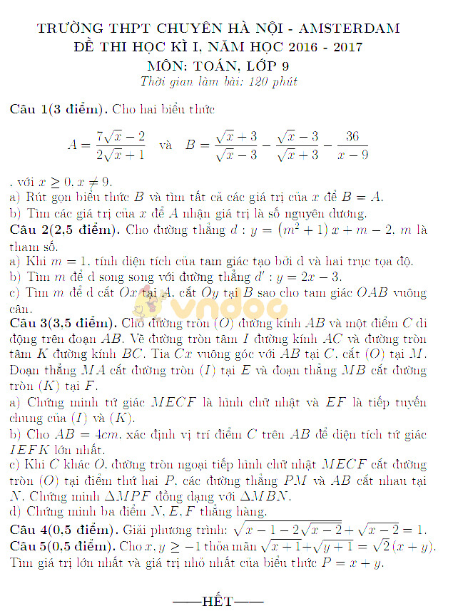 Đề cương ôn tập học kì 1 lớp 9 môn Toán trường THPT Chuyên Hà Nội - Amsterdam năm học 2018 - 2019