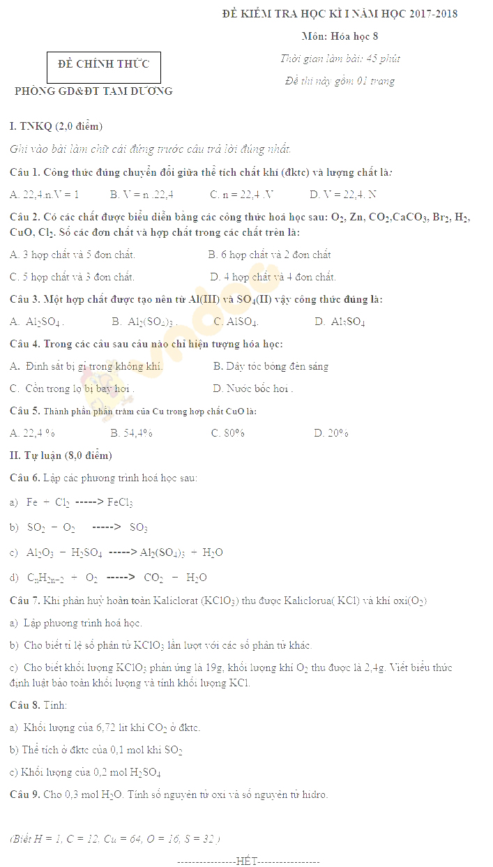 Đề thi học kì 1 lớp 8 môn Hóa học Phòng GD&ĐT Tam Dương năm học 2017 - 2018