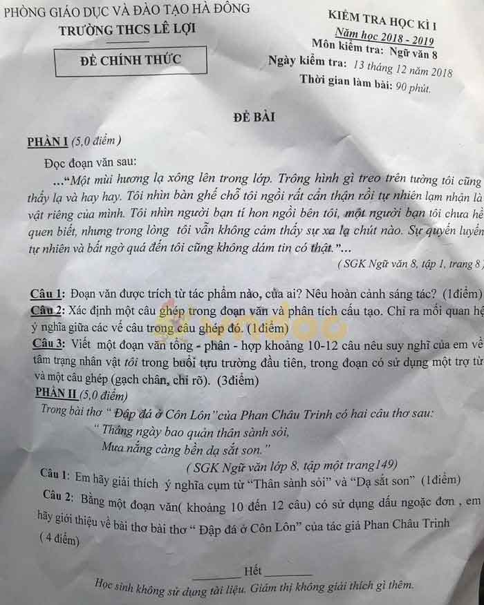 Đề thi học kì 1 lớp 8 môn Ngữ văn trường THCS Lê Lợi, Hà Đông năm học 2018 - 2019