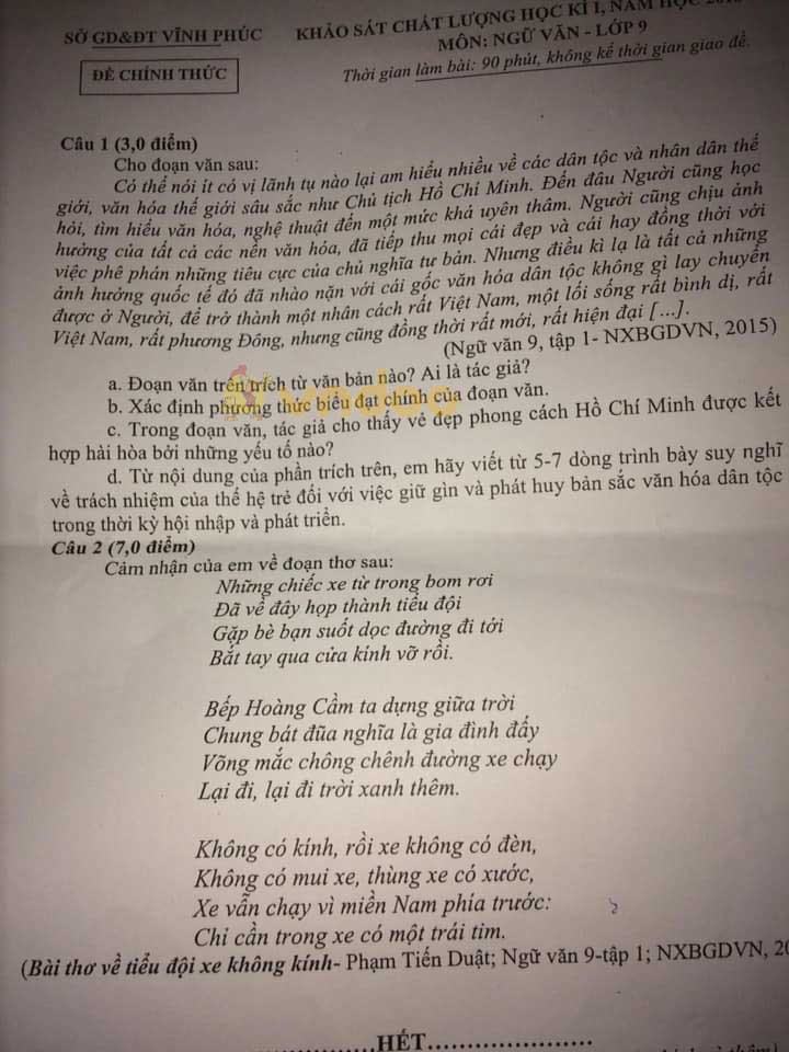 Đề thi học kì 1 lớp 9 môn Ngữ văn Sở GD&ĐT Vĩnh Phúc năm học 2018 - 2019
