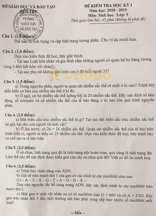 Ä'á» Thi Há»c Ki 1 Lá»›p 9 Mon Sinh Há»c Sá»Ÿ Gd Ä't Báº¿n Tre NÄƒm 2020 Ä'á» Kiá»ƒm Tra Há»c Ki 1 Sinh 9 Vndoc Com