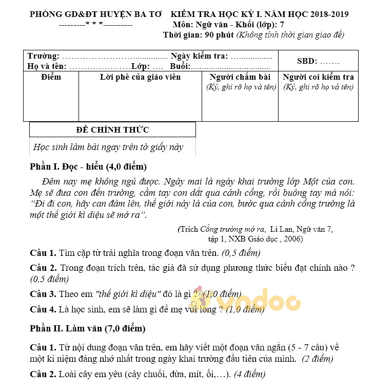 Đề thi học kì 1 lớp 7 môn Ngữ văn Phòng GD&ĐT huyện Ba Tơ năm học 2018 - 2019