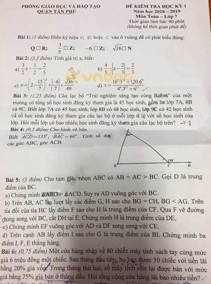 Đề thi học kì 1 lớp 7 môn Toán Phòng GD&ĐT Tân Phú năm học 2018 - 2019