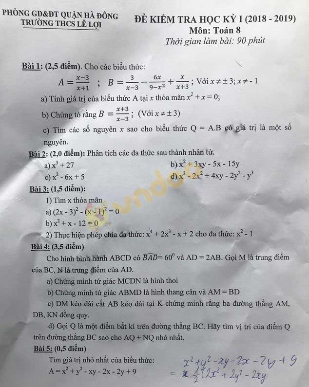 Đề thi học kì 1 lớp 8 môn Toán trường THCS Lê Lợi, Hà Đông năm học 2018 - 2019
