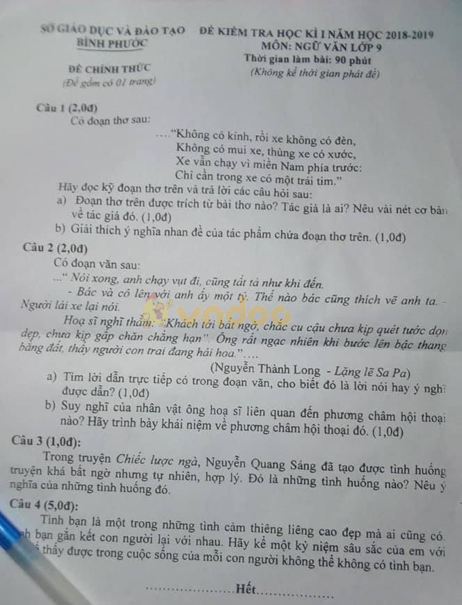 Đề thi học kì 1 lớp 9 môn Ngữ văn Sở GD&ĐT Bình Phước năm học 2018 - 2019