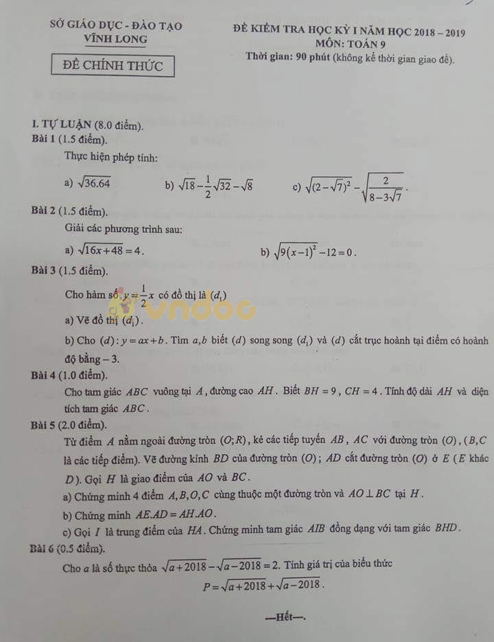 Đề thi học kì 1 lớp 9 môn Toán Sở GD&ĐT Vĩnh Long năm học 2018 - 2019