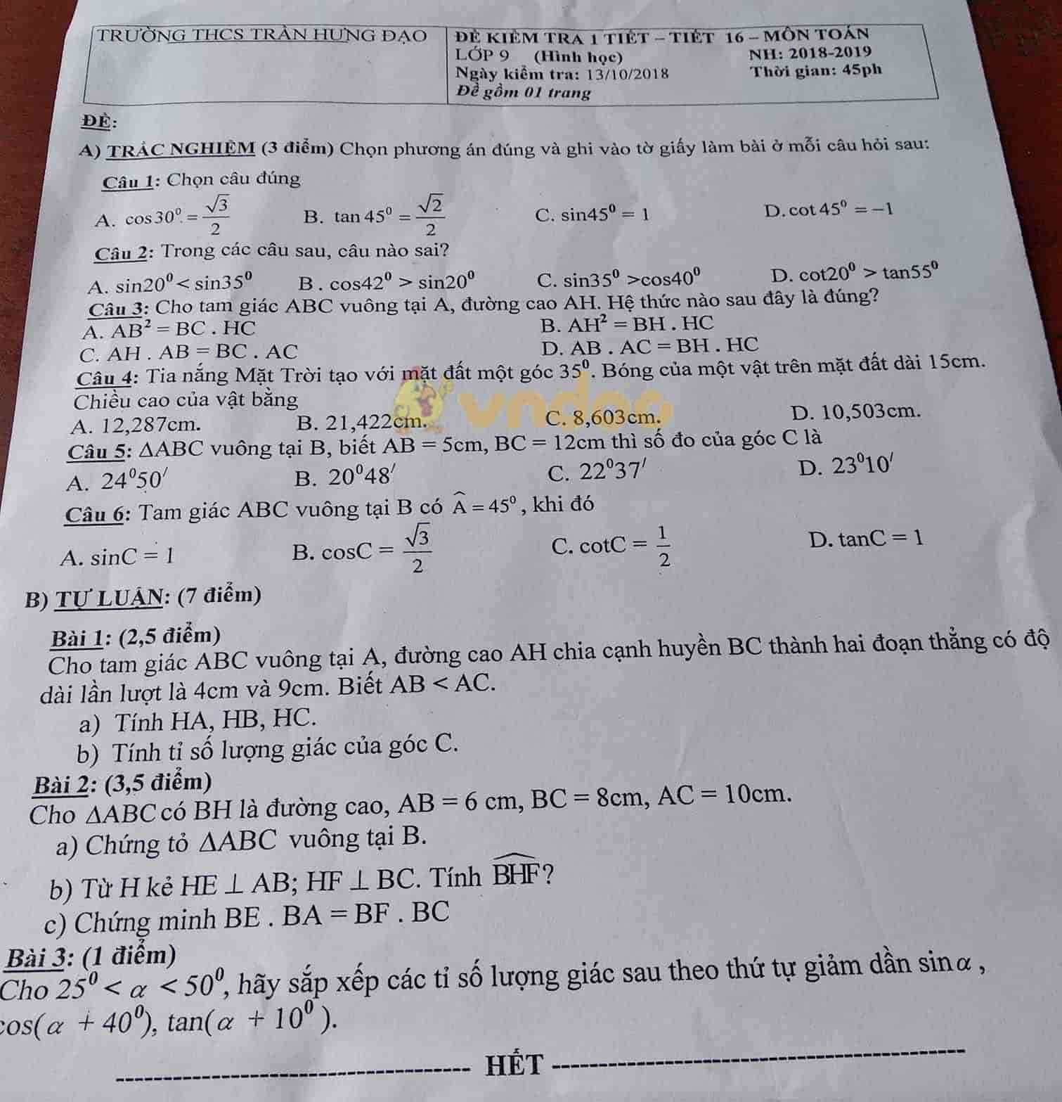 Đề thi học kì 1 lớp 9 môn Toán trường THCS Trần Hưng Đạo năm học 2018 - 2019