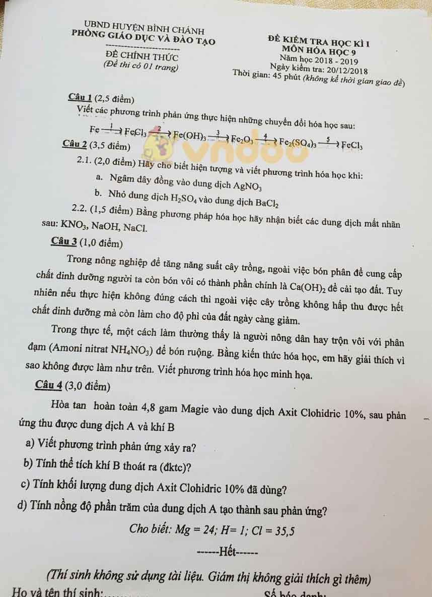 Đề thi học kì 1 lớp 9 môn Hóa học Phòng GD&ĐT huyện Bình Chánh năm học 2018 - 2019