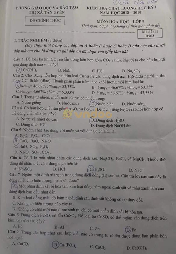 Đề thi học kì 1 lớp 9 môn Hóa học Phòng GD&ĐT thị xã Tân Uyên năm học 2018 - 2019