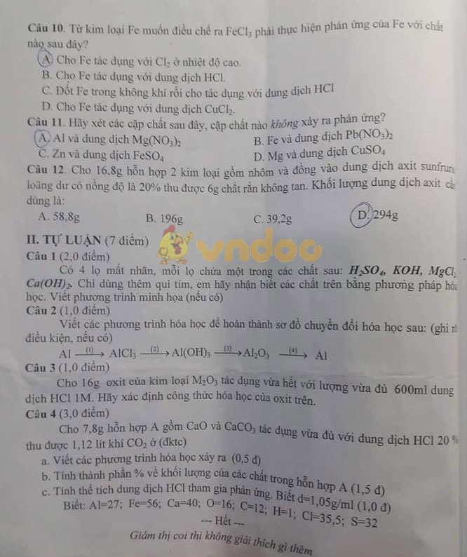 Đề thi học kì 1 lớp 9 môn Hóa học Phòng GD&ĐT thị xã Tân Uyên năm học 2018 - 2019