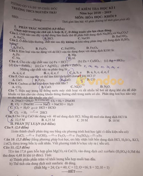 Đề thi học kì 1 lớp 9 môn Hóa học trường THCS Nguyễn Trãi, Châu Đốc năm học 2018 - 2019