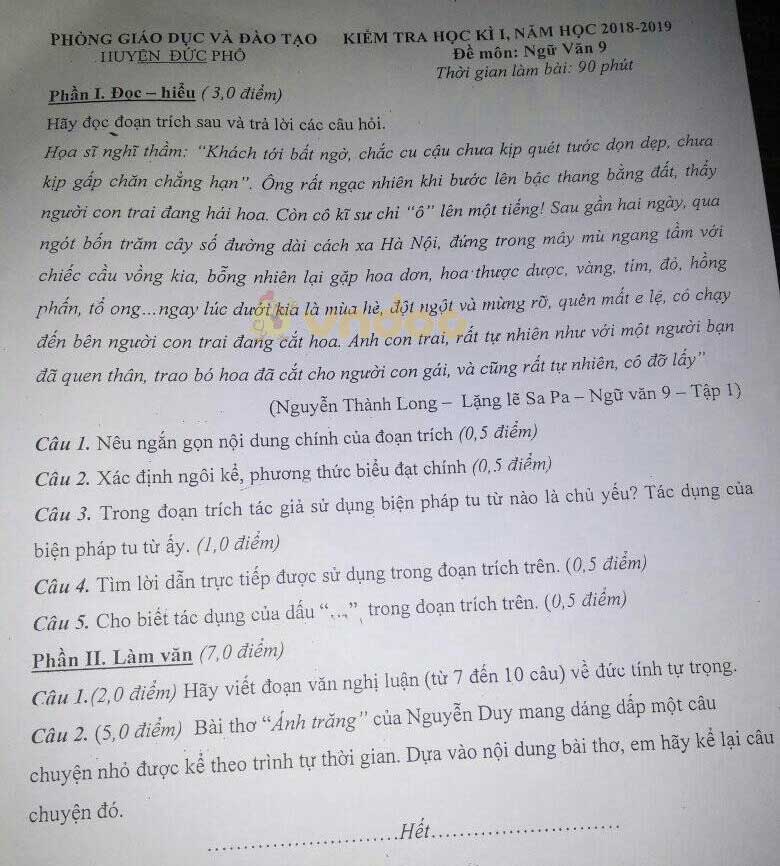 Đề thi học kì 1 lớp 9 môn Ngữ văn Phòng GD&ĐT huyện Đức Phổ năm học 2018 - 2019
