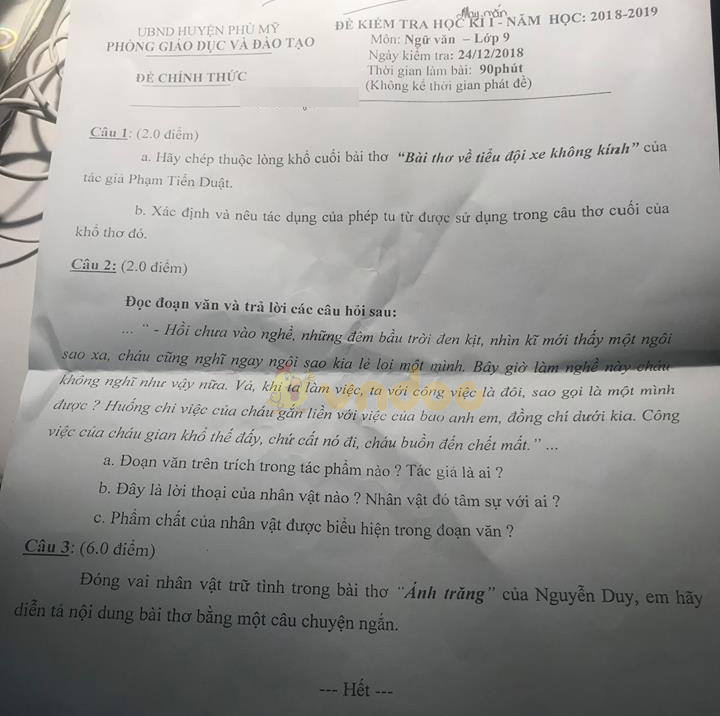 Đề thi học kì 1 lớp 9 môn Ngữ văn Phòng GD&ĐT huyện Phù Mỹ năm học 2018 - 2019