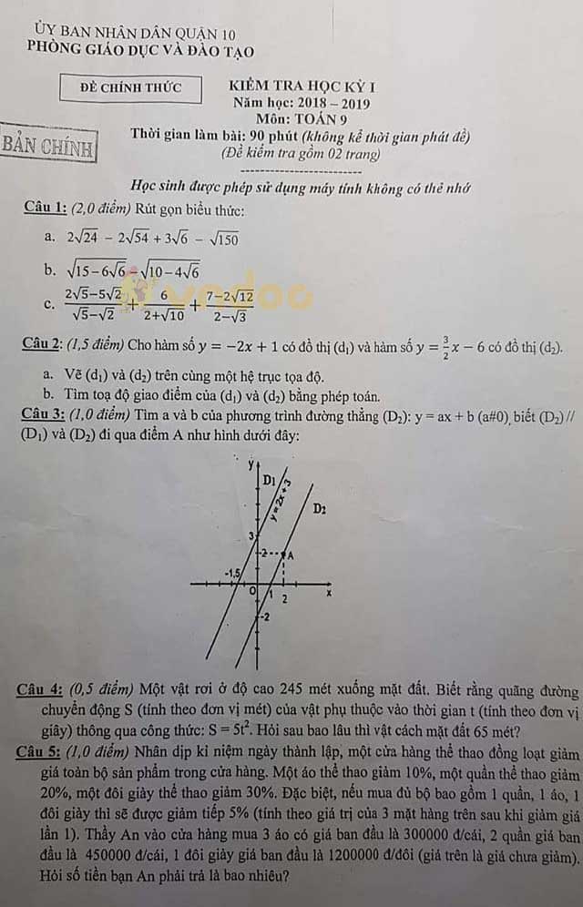 Đề thi học kì 1 lớp 9 môn Toán Phòng GD&ĐT UBND quận 10 năm học 2018 - 2019