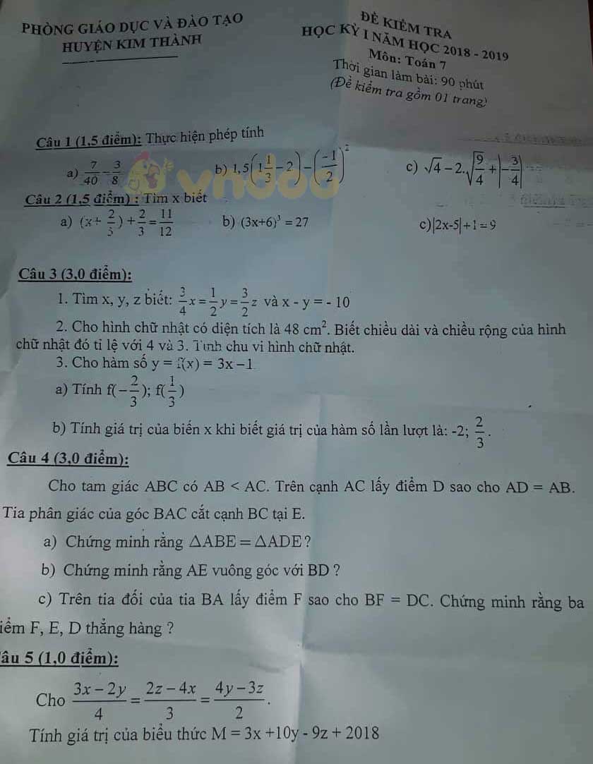 Đề thi học kì 1 lớp 7 môn Toán Phòng GD&ĐT huyện Kim Thành, Hải Dương năm học 2018 - 2019