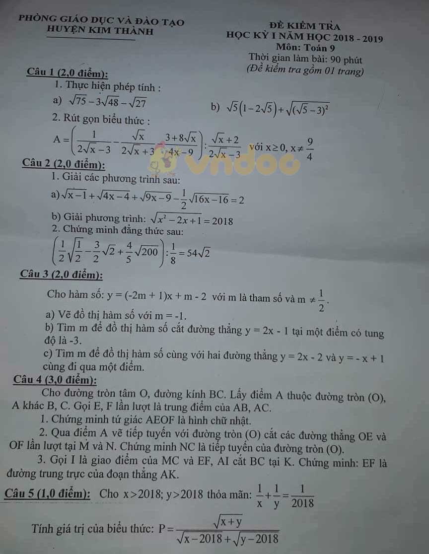 Đề thi học kì 1 lớp 9 môn Toán Phòng GD&ĐT huyện Kim Thành, Hải Dương năm học 2018 - 2019