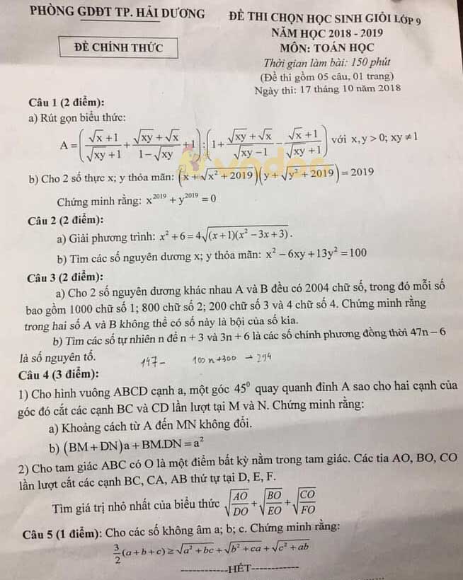 Đề thi chọn học sinh giỏi lớp 9 môn Toán Phòng GD&ĐT TP Hải Dương năm học 2018 - 2019