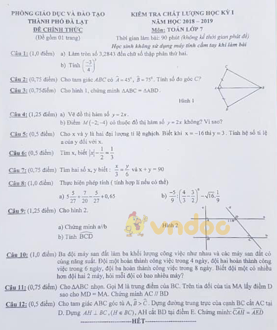 Đề thi học kì 1 lớp 7 môn Toán Phòng GD&ĐT TP Đà Lạt năm học 2018 - 2019