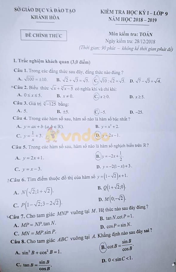 Đề thi học kì 1 lớp 9 môn Toán Sở GD&ĐT Khánh Hòa năm học 2018 - 2019