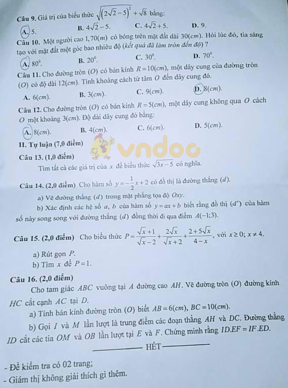 Đề thi học kì 1 lớp 9 môn Toán Sở GD&ĐT Khánh Hòa năm học 2018 - 2019