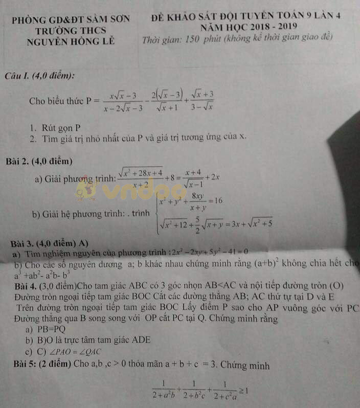 Đề thi khảo sát đội tuyển lớp 9 môn Toán trường THCS Nguyễn Hồng Lễ, Sầm Sơn năm học 2018 - 2019 (lần 4)