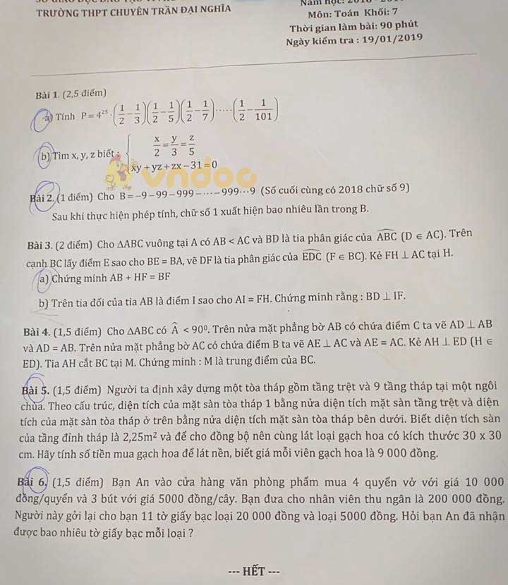 Đề thi toán lớp 7 học kì 2 trường THPT Chuyên Trần Đại Nghĩa, TP.HCM năm học 2018 - 2019