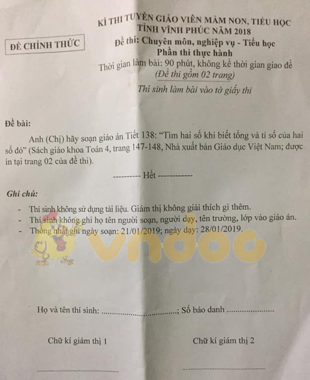 Đề thi tuyển giáo viên tiểu học tỉnh Vĩnh Phúc