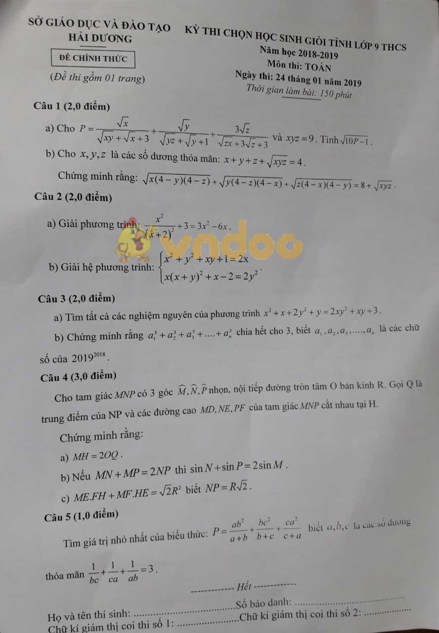 Đề thi chọn học sinh giỏi lớp 9 môn Toán Sở GD&ĐT Hải Dương năm học 2018 - 2019